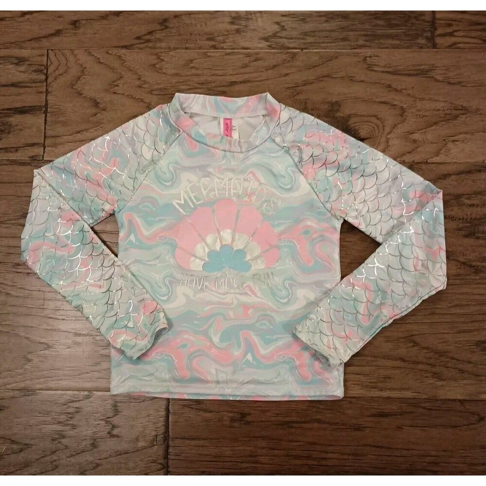 BETSEY JOHNSON Girls Size 12 Rash Guard Swim Suit Top Mermaids Have More Fun
